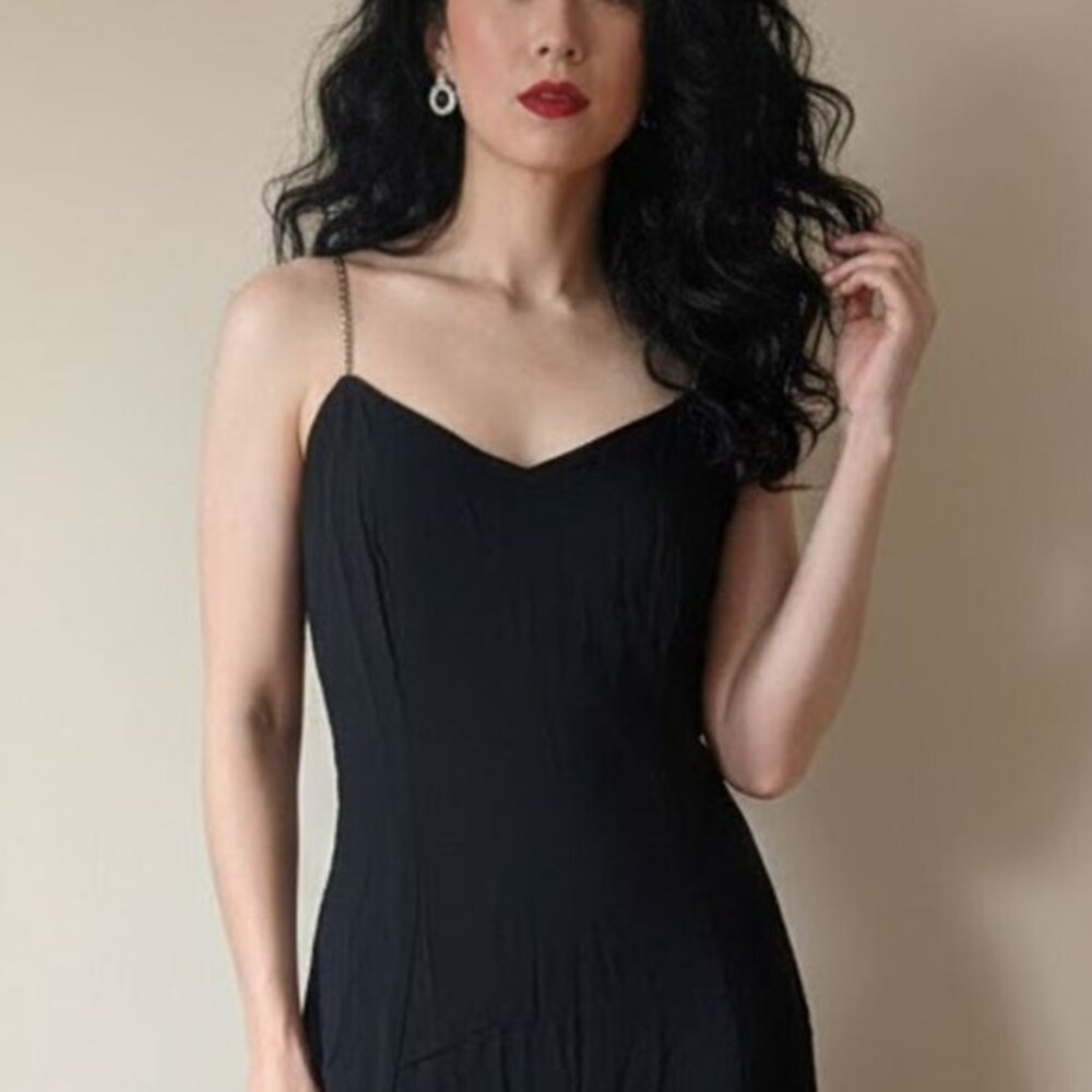 Carol Anderson California VTG Black Rhinestone Strap Midi Dress‎ sz 7/8